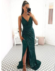 Dark Green Spaghetti Straps  Sequin Prom Dress With Split