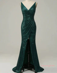 Dark Green Spaghetti Straps  Sequin Prom Dress With Split