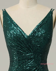 Dark Green Spaghetti Straps  Sequin Prom Dress With Split