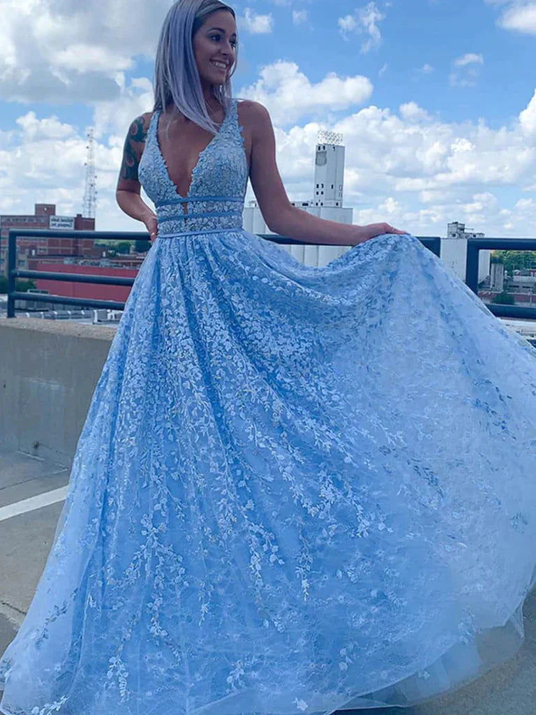 Blue V Neck Beading Open Back Lace Prom Dres