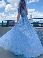 Blue V Neck Beading Open Back Lace Prom Dres