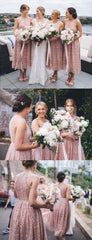 Dusty Pink Lace Sleeveless Tea Length Bridesmaid Dresses,DB128