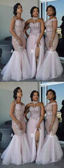 Dusty Pink Tulle Applique Mismatched Mermaid Bridesmaid Dresses,DB135