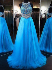 A-Line/Princess Jewel Sleeveless Sweep/Brush Train Beading Tulle Dresses - RongMoon