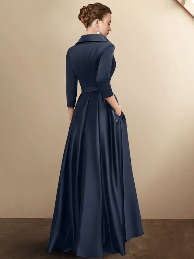 A-Line Mother of the Bride Dress Plus Size Elegant High Low Shirt Collar Asymmetrical Floor Length Satin - RongMoon