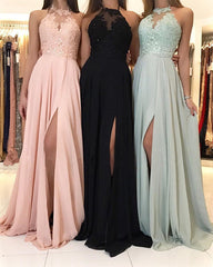 Leg Slit Long Chiffon Halter Bridesmaid Dresses Lace Appliques
