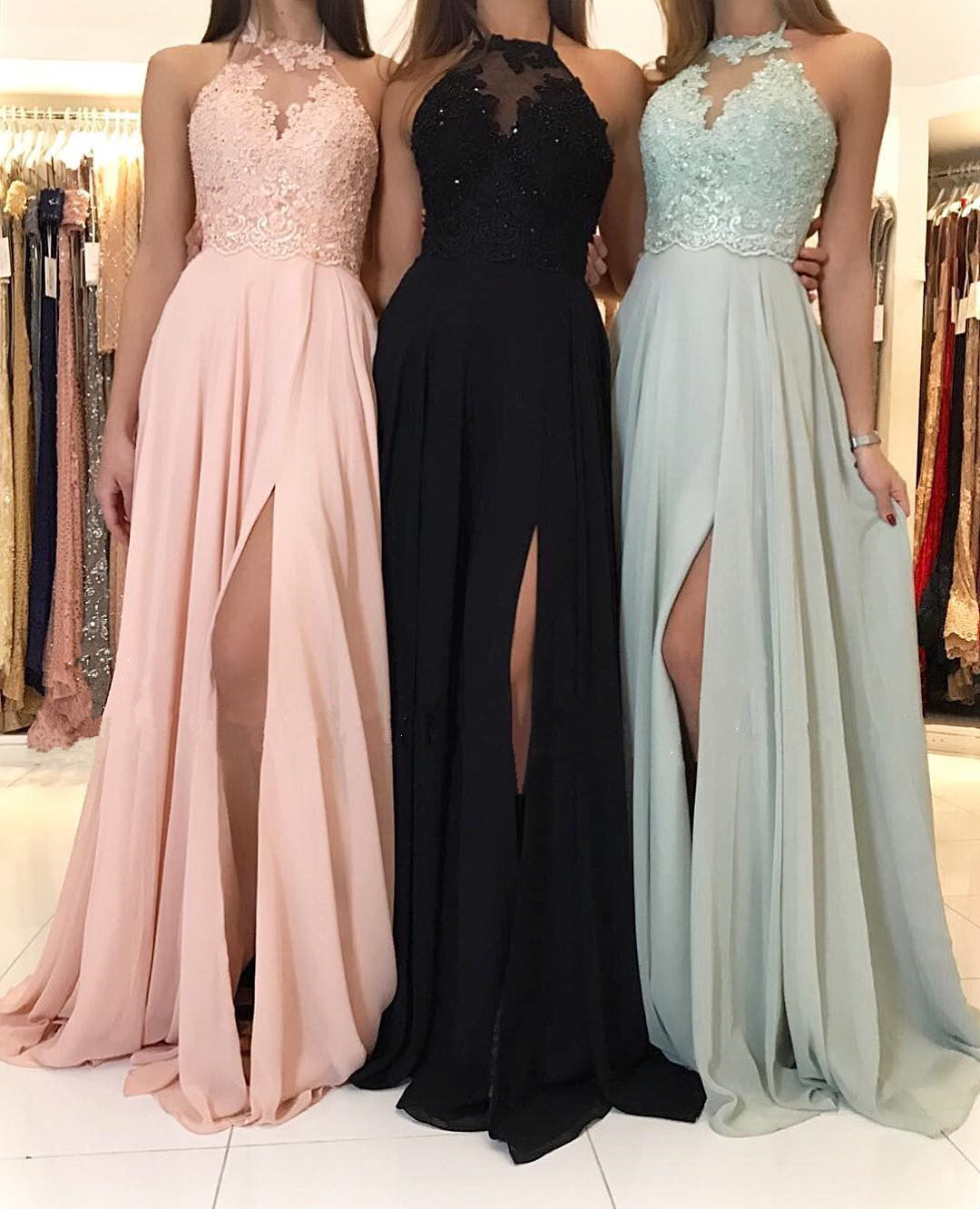Leg Slit Long Chiffon Halter Bridesmaid Dresses Lace Appliques