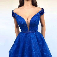 Royal Blue Muslim Evening Dresses A-line V-neck Tulle Lace Beaded Long Islamic Dubai Saudi Arabic Long Formal Evening Gown - RongMoon