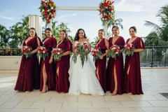 V-neck Half Sleeves Burgundy Chiffon Bridesmaid Dresses, Lovely Bridesmaid Dresses, 2020 Bridesmaid Dresses - RongMoon