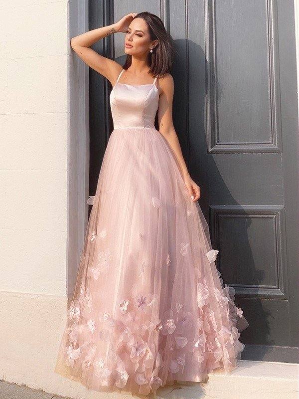 A-Line/Princess Tulle Hand-Made Flower Straps Floor-Length Sleeveless Dresses - RongMoon