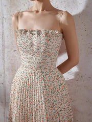 A-Line Minimalist Floral Holiday Prom Dress Spaghetti Strap Sleeveless Tea Length Polyster with Pleats Pattern / Print - RongMoon