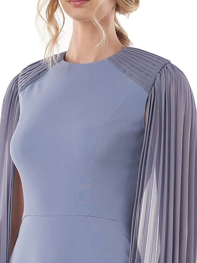 Sheath / Column Mother of the Bride Dress Elegant Jewel Neck Floor Length Chiffon Long Sleeve with Pleats - RongMoon
