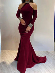 Mermaid / Trumpet Elegant Engagement Formal Evening Dress High Neck Long Sleeve Sweep / Brush Train Satin with Sequin - RongMoon