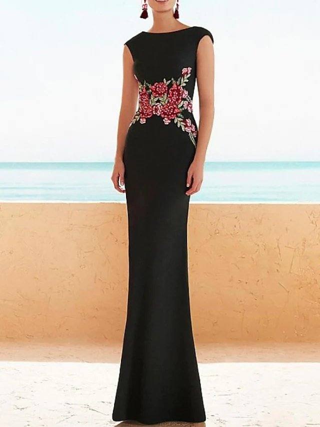 Sheath / Column Mother of the Bride Dress Elegant Jewel Neck Floor Length Satin Sleeveless with Appliques - RongMoon