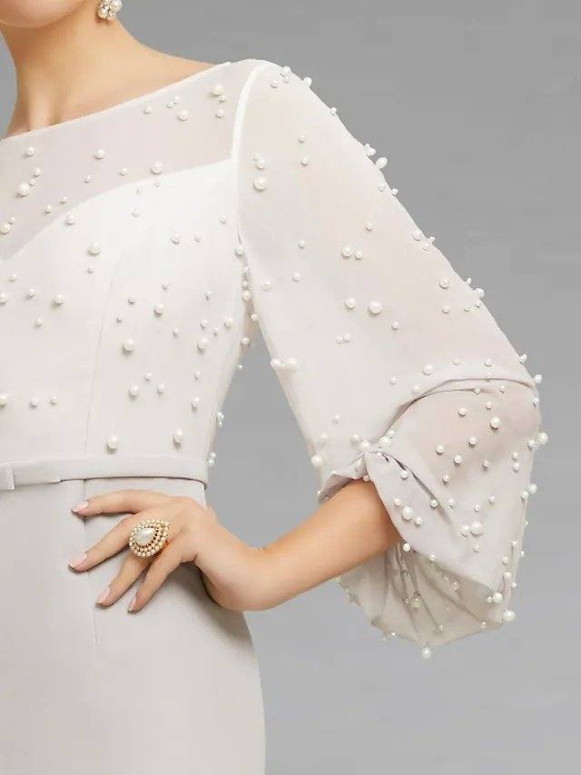 Sheath / Column Mother of the Bride Dress Elegant Jewel Neck Knee Length Chiffon 3/4 Length Sleeve with Sash / Ribbon Beading - RongMoon