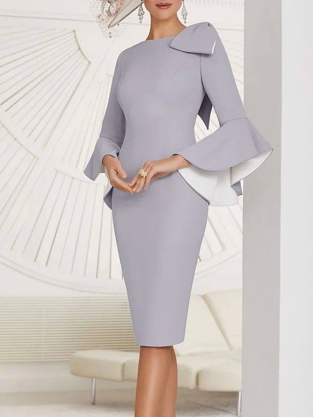 Sheath / Column Mother of the Bride Dress Elegant Jewel Neck Knee Length Stretch Fabric Long Sleeve with Bow(s) Ruffles - RongMoon