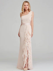 Sheath / Column One Shoulder Long Length Chiffon Bridesmaid Dress with Cascading Ruffles - RongMoon