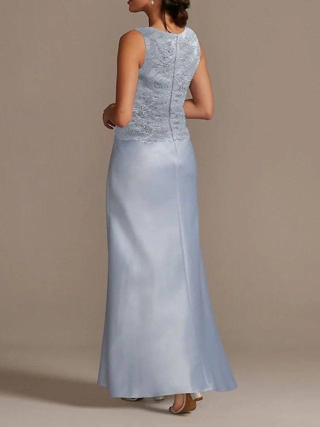 Sheath / Column Mother of the Bride Dress Elegant Scoop Neck Floor Length Polyester 3/4 Length Sleeve with Lace - RongMoon