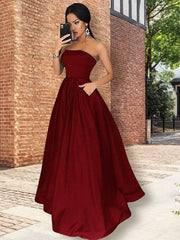 A-Line/Princess Strapless Sleeveless Floor-Length Ruffles Satin Dresses - RongMoon