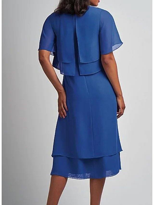 Sheath / Column Mother of the Bride Dress Elegant V Neck Tea Length Chiffon Satin Short Sleeve with Beading Cascading Ruffles - RongMoon