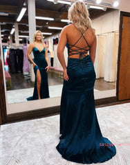 Spaghetti Straps Blue Prom Dress With Split