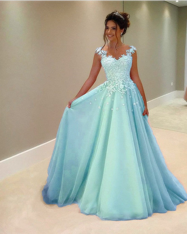 Tulle Floor Length Prom Dresses Lace Appliques