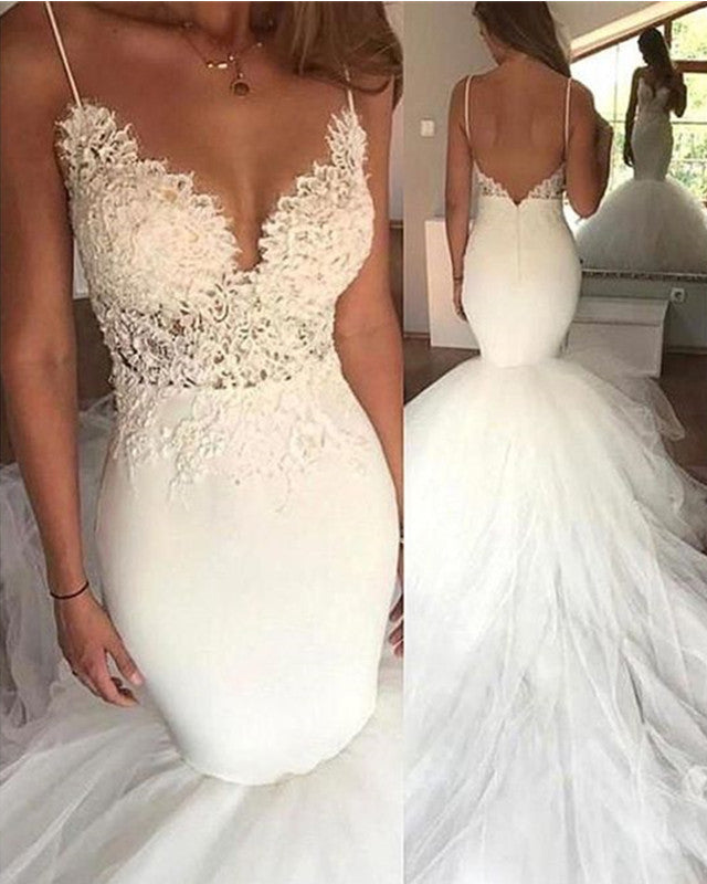 Lace V Neck Ruffles Tulle Mermaid Wedding Dresses