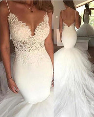 Lace V Neck Ruffles Tulle Mermaid Wedding Dresses