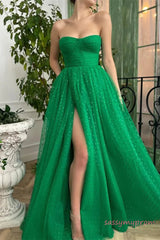 Green Tulle Long Strapless Prom Dress with High Slit