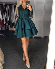 V Neck Sleeved Homecoming Dresses Satin Ruffles