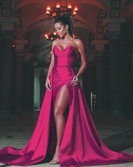 Strapless Mermaid Evening Dress Satin Split Beaded Sashes