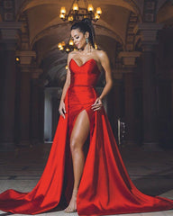 Strapless Mermaid Evening Dress Satin Split Beaded Sashes