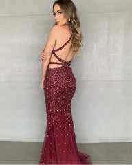 Crystal Beaded Mermaid Dresses Halter Top Front Split