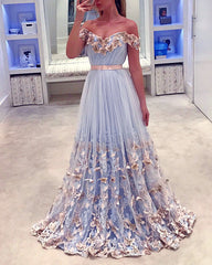 Light Blue Tulle Evening Dress Lace Embroidery Off The Shoulder