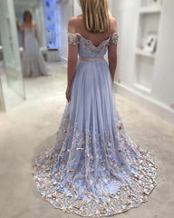 Light Blue Tulle Evening Dress Lace Embroidery Off The Shoulder