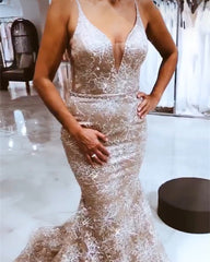 Mermaid V Neck Prom Dresses Lace