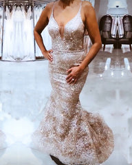 Mermaid V Neck Prom Dresses Lace