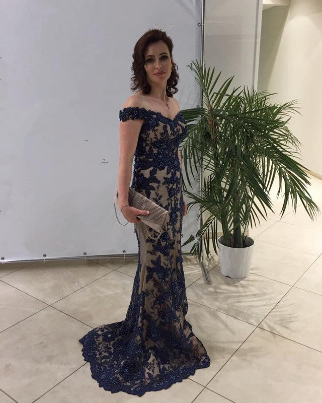 Nude Tulle Mermaid Off Shoulder Evening Dresses Lace Embroidery