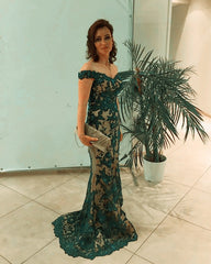 Nude Tulle Mermaid Off Shoulder Evening Dresses Lace Embroidery