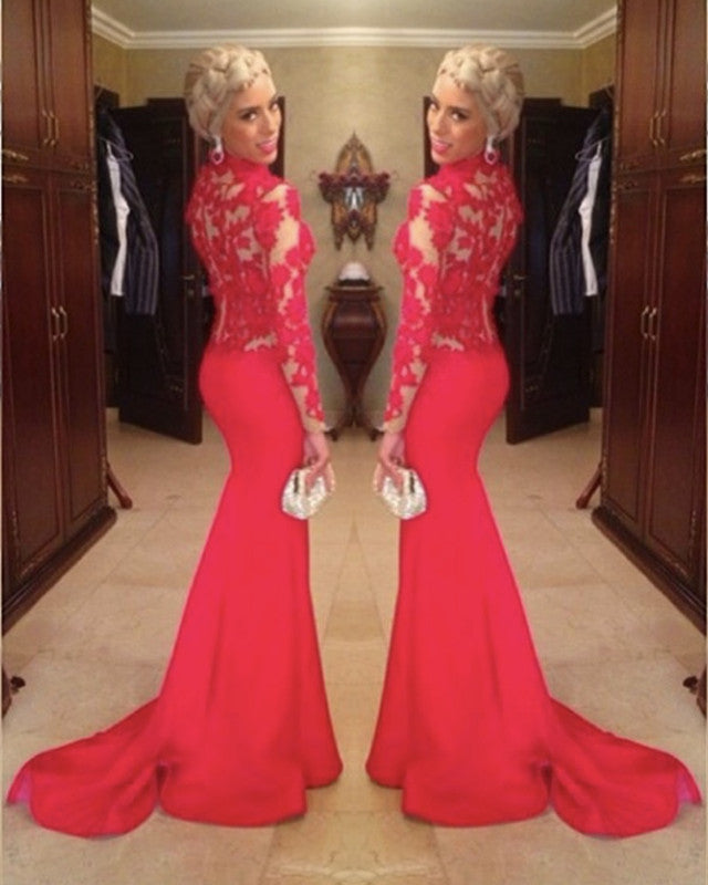 High Neck Mermaid Evening Dress Lace Long Sleeves