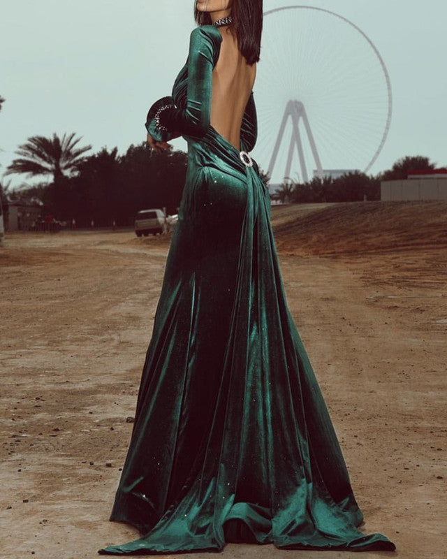Mermaid Backless Velvet Evening Dress Long Sleeves