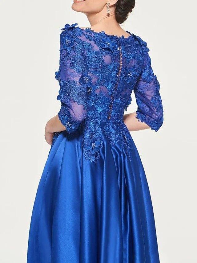 A-Line Mother of the Bride Dress Elegant V Neck Floor Length Lace Satin 3/4 Length Sleeve with Pleats Appliques - RongMoon