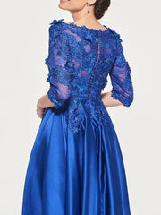 A-Line Mother of the Bride Dress Elegant V Neck Floor Length Lace Satin 3/4 Length Sleeve with Pleats Appliques - RongMoon
