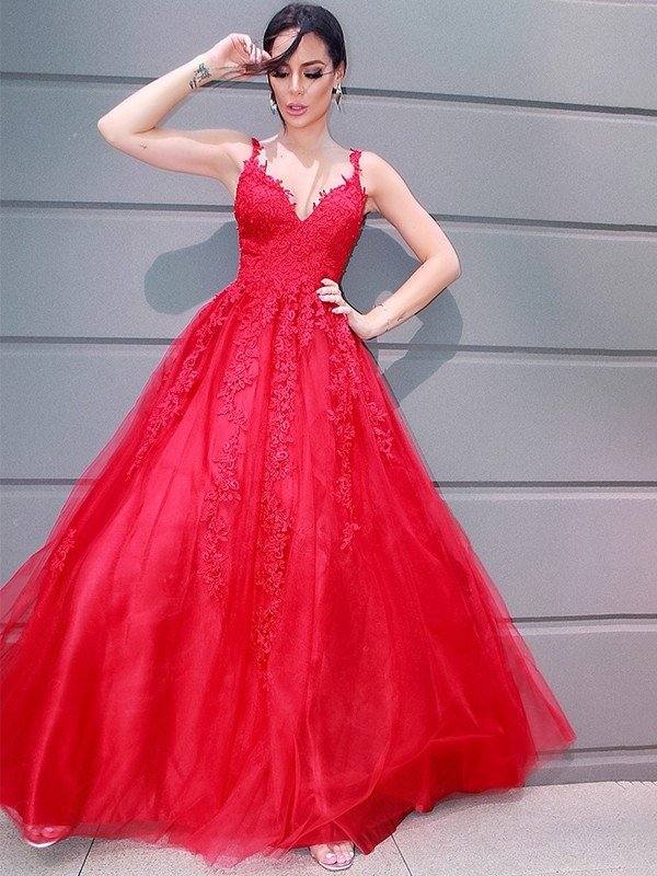 A-Line/Princess Tulle V-neck Floor-Length Applique Sleeveless Dresses - RongMoon