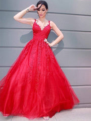 A-Line/Princess Tulle V-neck Floor-Length Applique Sleeveless Dresses - RongMoon