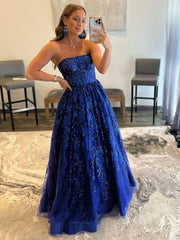 Blue A line tulle sequin long prom dress, blue tulle evening dress - RongMoon