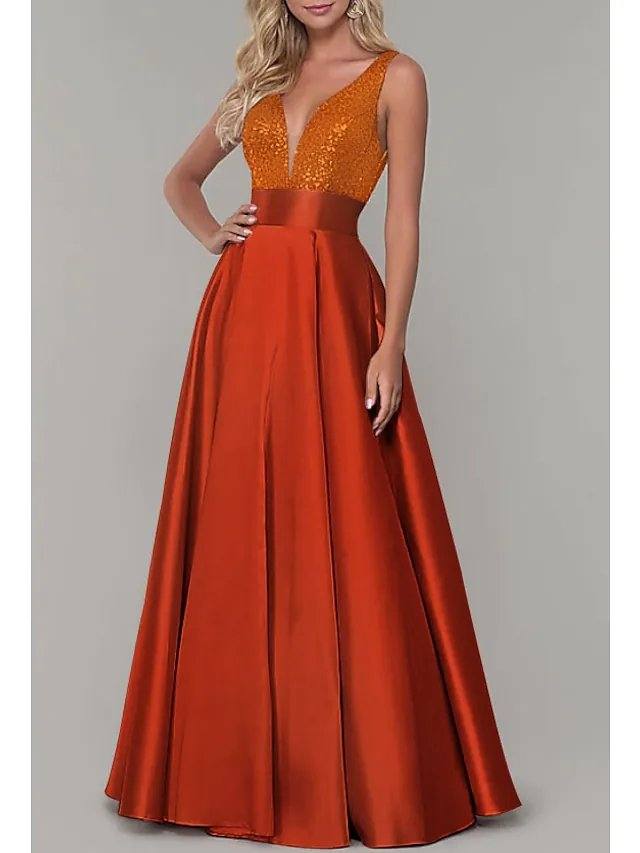 A-Line Sparkle Prom Formal Evening Dress V Neck Sleeveless Floor Length Satin with Pleats Sequin - RongMoon