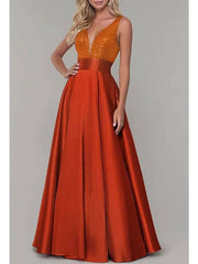 A-Line Sparkle Prom Formal Evening Dress V Neck Sleeveless Floor Length Satin with Pleats Sequin - RongMoon