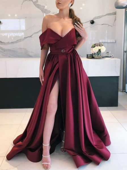 Off The Shoulder Burgundy Satin Prom Dress With Slit