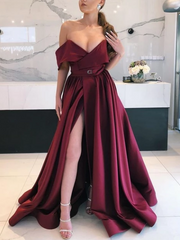 Off The Shoulder Burgundy Satin Prom Dress With Slit